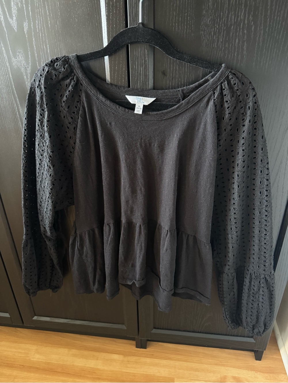 Time and Tru Black Eyelet Sleeve Peplum Tunic